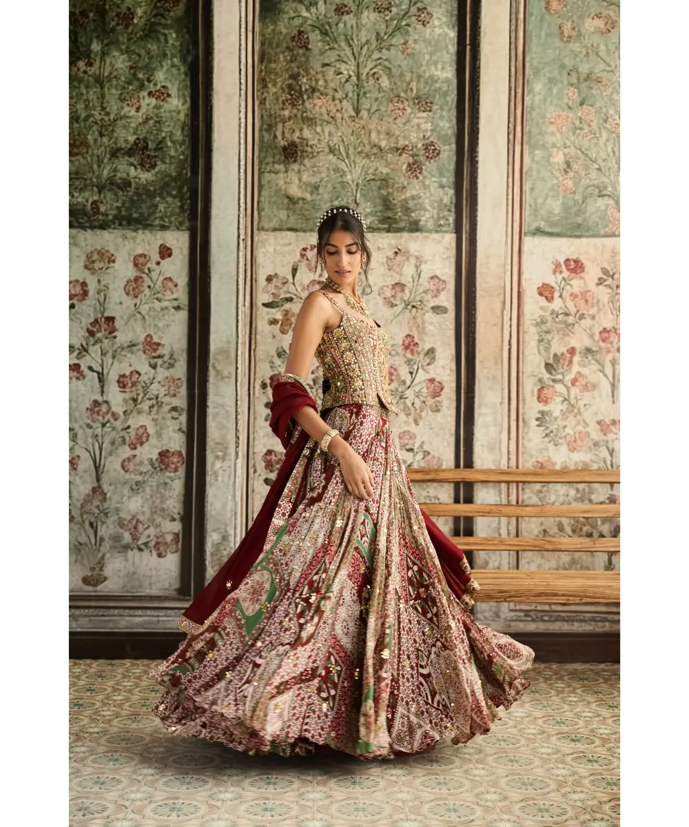 DIYARAJVVIR - Sage-Maroon Print and Highlighted Corset Blouse Lehenga Set